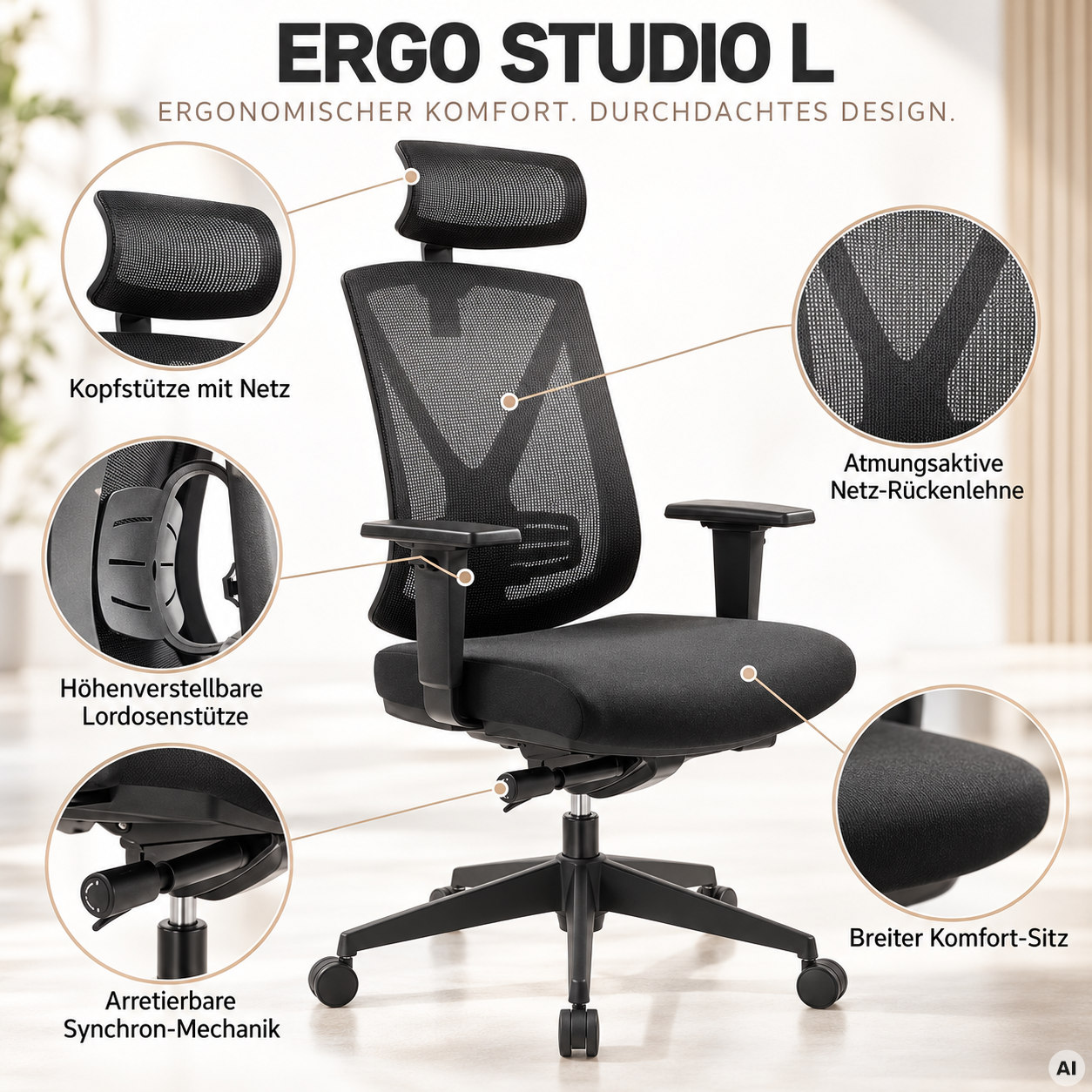 Ergo Studio L mit Kopfstütze - Bürostuhl mit Netz